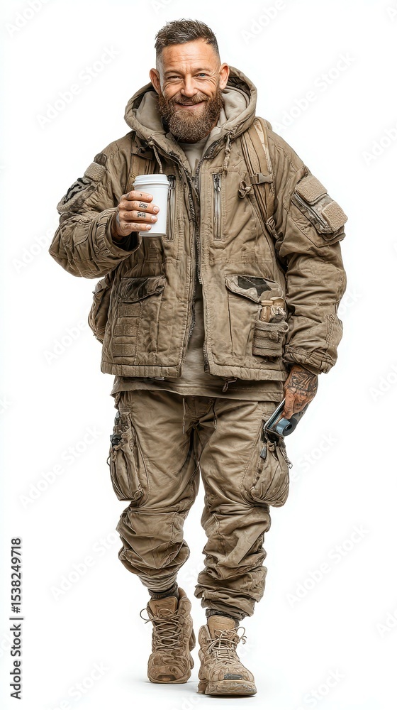 Military style clothing worn by an adult man holding a coffee cup in a neutral color during a casual moment Military style clothing worn by an adult man holding a coffee cup in a neutral color during a casual moment