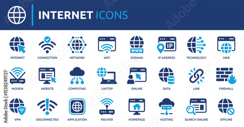 Internet icon set. Containing website, link, data, web, online, domain, technology, modem, VPN, hosting, connection and more. Solid vector icons collection.