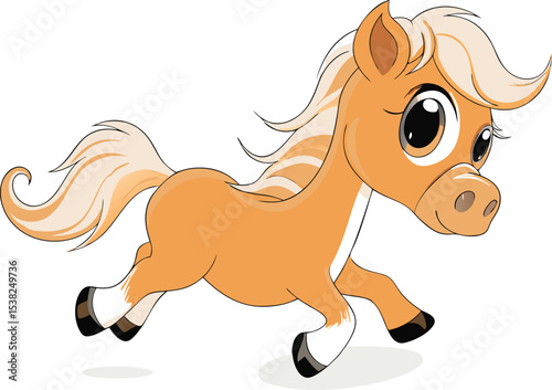 Cute cartoon pony running joyfully on a bright white background