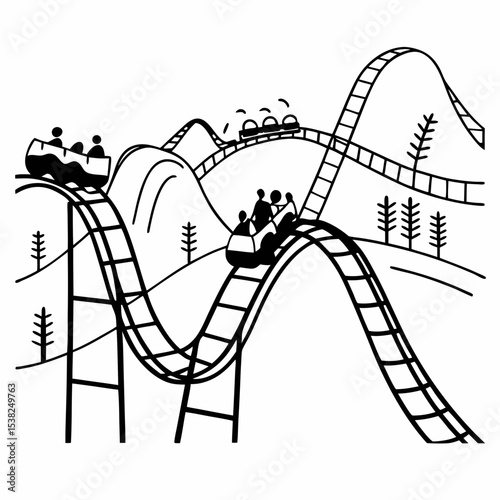 Amusement park roller coaster with riders black line drawing