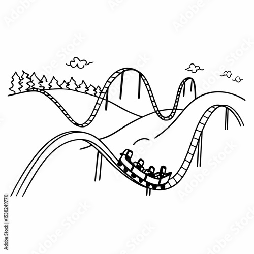 Roller coaster with riders in black and white line art
