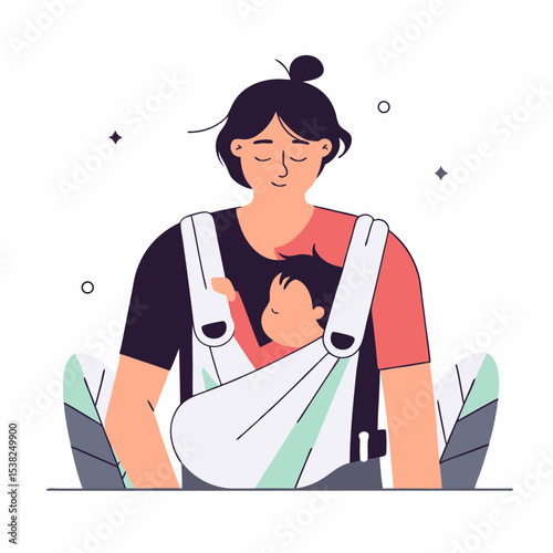 Mother holding baby in modern sling carrier illustration