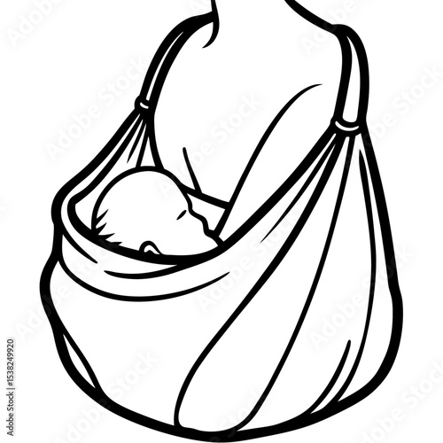Baby sleeping in sling against parent's chest line drawing