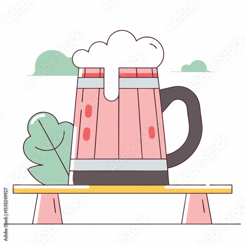 Cartoon beer mug on bench with foam and leaf detail