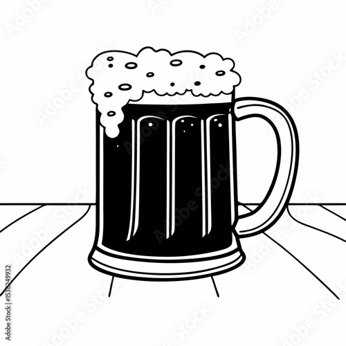 Black and white beer mug on wooden table top view