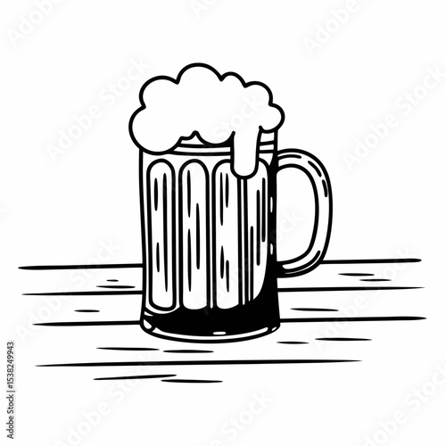 Hand-drawn beer mug with foam on rustic wooden surface