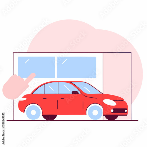 Red car in dealership showroom with selection hand icon