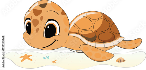 Cute cartoon sea turtle smiling on sandy beach with starfish