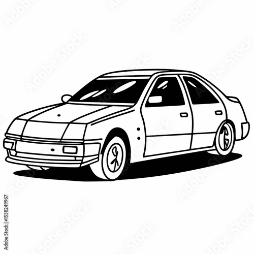 Black and white sketch of classic four-door sedan car