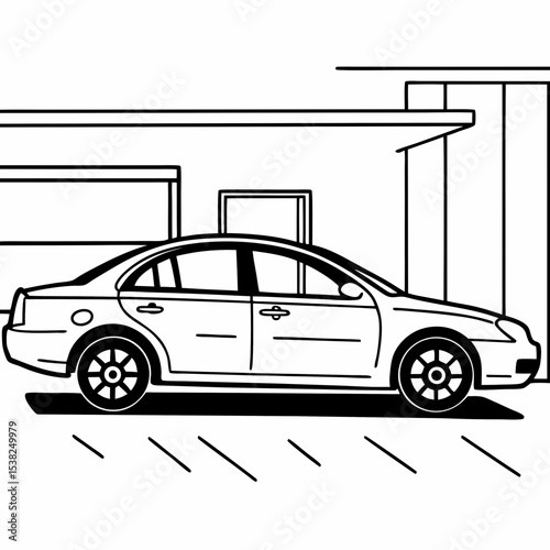  Parked sedan in driveway line art with modern house