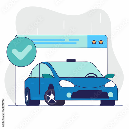 Modern car with check mark and rating in flat illustration