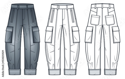 Cargo Pants Technical Fashion Illustration. Barrel Leg Jeans Pants fashion flat technical drawing template, pockets, cuffs, front and back view, loose fit, white, grey, women, men, unisex CAD mockup.