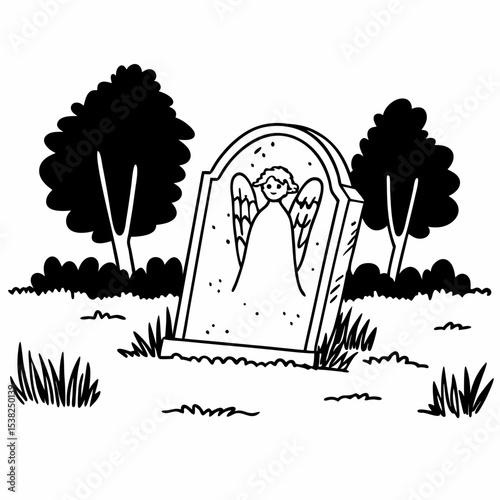 Black and white tombstone with angel in forest scene