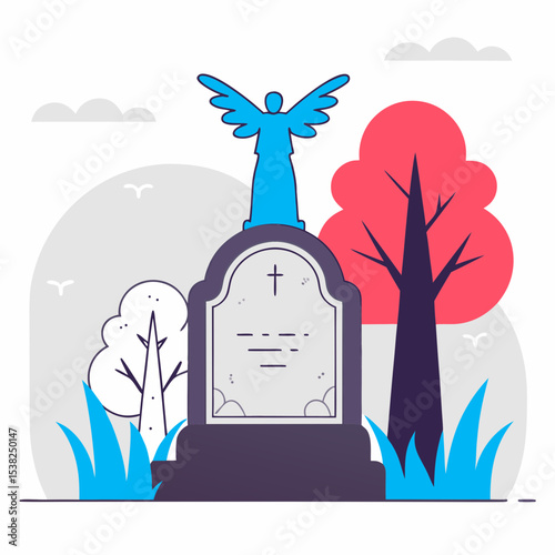 Tombstone with angel statue in colorful flat illustration