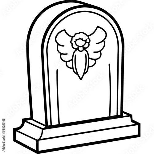 Black and white tombstone illustration with angel motif
