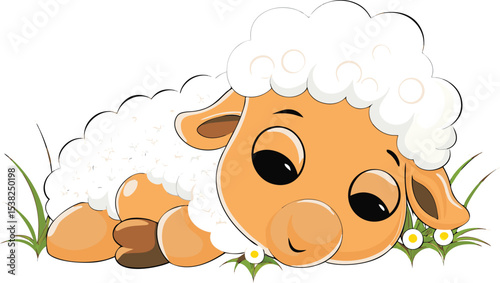 Cute cartoon sheep resting among green grass and small daisies