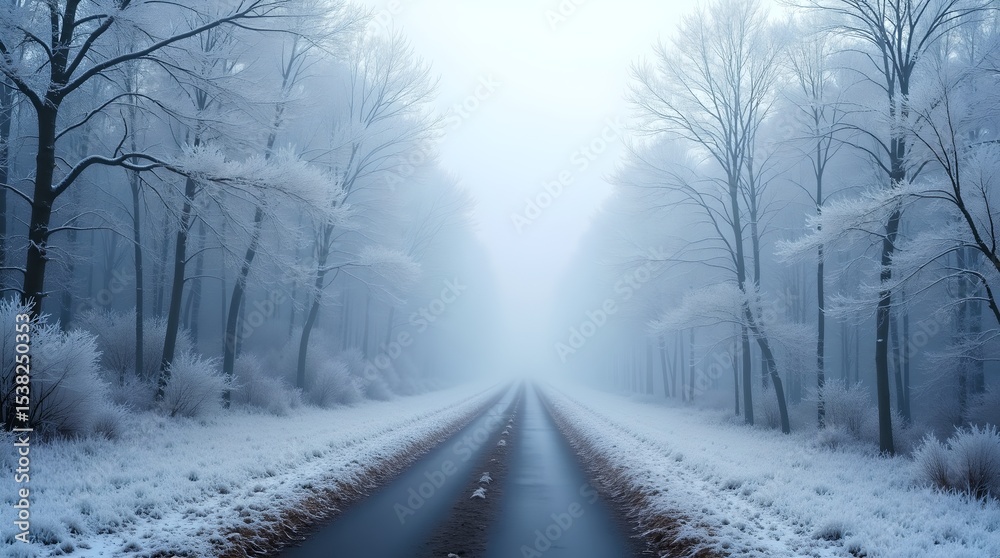 Fototapeta premium Ethereal Winter Road: Misty Forest Path, Frost Covered Trees, Cold Landscape, Serene Atmosphere, Snowy Nature, Winter Scenery, Travel Destination, Atmospheric Scene