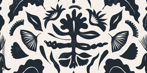 Ethnic ornament. Hand drawn collage black and white abstract flowers and shapes pattern. Fashionable template for design. 
