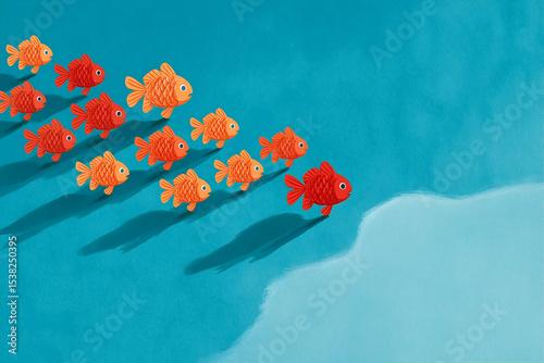 A group of red and yellow fish swim together in blue water, with one red fish leading the way.