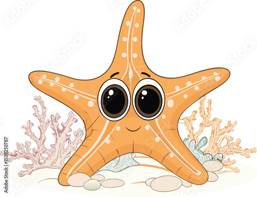 Cute cartoon starfish with friendly expression on sandy seafloor