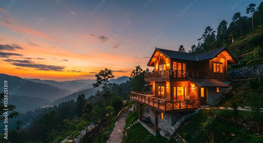Fototapeta premium Mountainside Log Cabin Dream Home in the Twilight