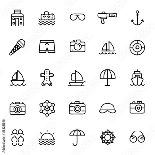 Summer vacation icons represent seaside tourism, beach accessories, and sunfilled holiday adventures