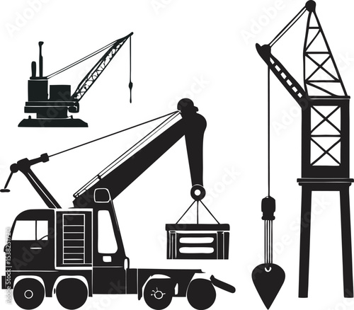 This collection of image display various illustration of tower cranes, showcasing their large scale and mechanical components.