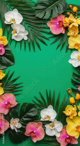 Tropical orchid border on vibrant green background