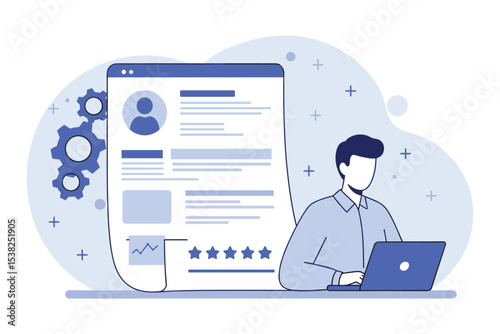 Online Examination and Digital Assessment Concept: Man Taking Test on Laptop, E-learning, Remote Education, and Virtual Performance Evaluation flat vector illustration