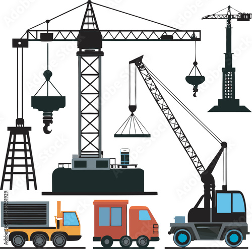 This collection of image display various illustration of tower cranes, showcasing their large scale and mechanical components.