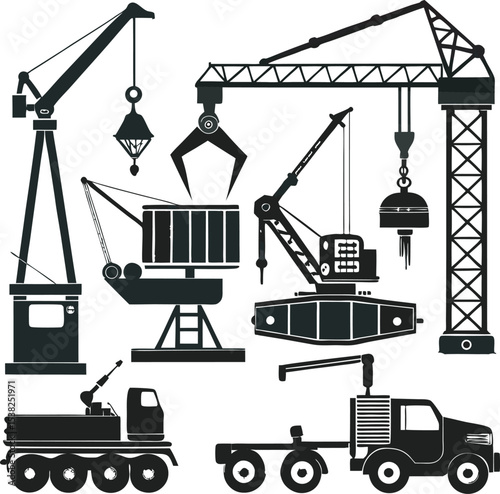 This collection of image display various illustration of tower cranes, showcasing their large scale and mechanical components.