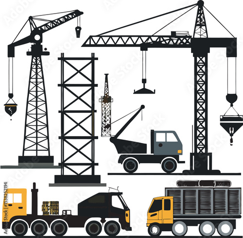 This collection of image display various illustration of tower cranes, showcasing their large scale and mechanical components.