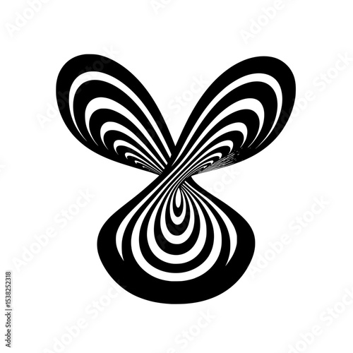 Abstract Butterfly Illusion with Concentric Waves, Hypnotic black and white abstract shape resembling a butterfly, formed by warped concentric curves creating a dynamic optical illusion.

