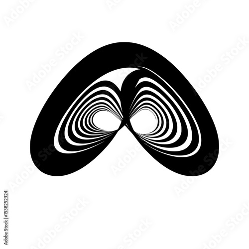 Symmetrical Black and White Optical Illusion Art, Abstract black and white symmetrical design with concentric curved patterns, creating a hypnotic visual effect and sense of motion.

