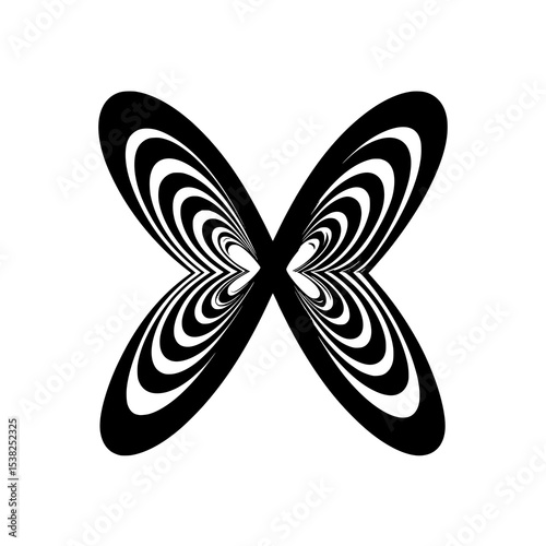 Butterfly Shaped Optical Illusion in Black and White, Symmetrical abstract design resembling a butterfly, created with concentric black and white curves forming a striking optical illusion.

