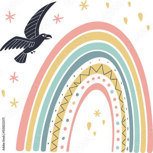 Rainbow design with a crow bird flying above pastel colored arc for kids apparel branding