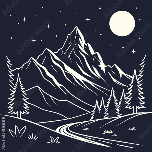 Majestic Mountain Landscape at Night: A striking design featuring moonlit peaks and pine trees