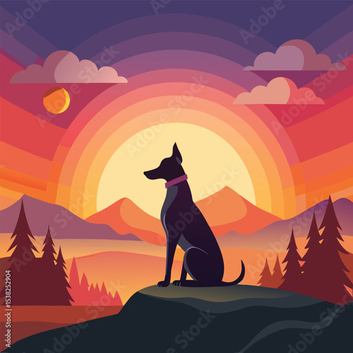 loyal dog n silhouette sitting on hilltop