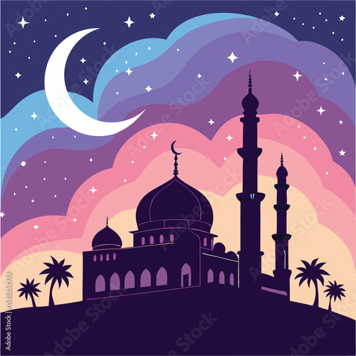 mosque in silhouette style with glowing colorful 