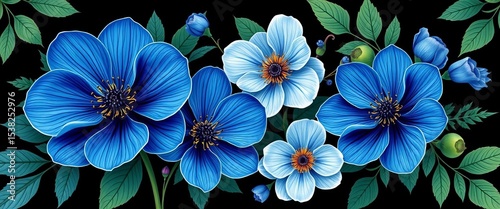 Elegant blue anemone floral vector set; leaves, flowers, greeting cards, wedding invitations,  vector,  flower