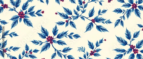 Elegant blue & beige holly branch toile pattern; perfect for vintage Christmas cards & winter decor,  light,  design