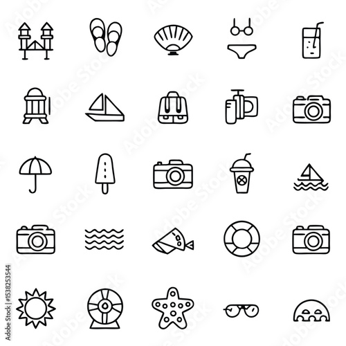 Various summer icons display vacation elements, including sunglasses, beach gear, and scenic sites