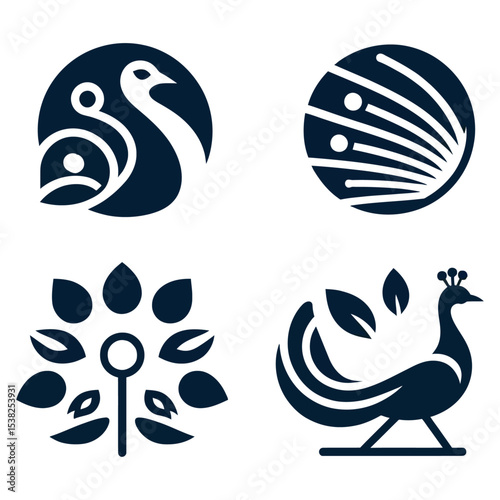 Collection of dark blue logos featuring stylized peacock designs with circular linear and leafshaped elements