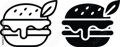 Minimalist Line Art Vegetarian Burger Icon – Monochrome Flat Lay Graphic Design