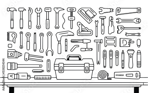 A Comprehensive Collection of Hand Tools neatly arranged in a toolbox on a workbench perfect for DIY projects and home repairs, silhouette