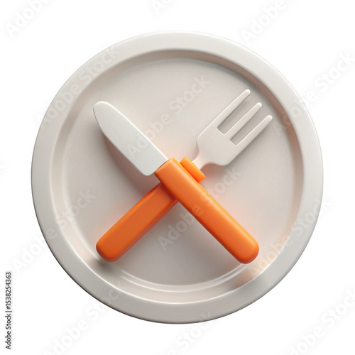 3d render orange cutlery on plate isolated on transparent background
