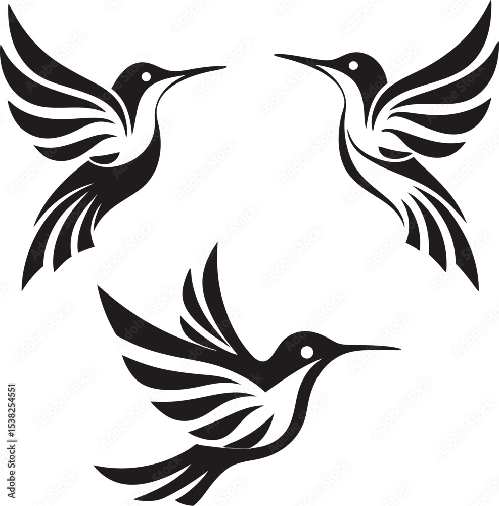 Obraz premium Three stylized black hummingbird bird logos vector design elements