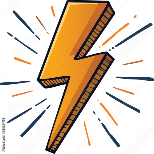 shows a stylized, cartoonish lightning bolt in shades of yellow and orange, set against a plain white background. The main lightning strike is thick and jagged, pointing upwards and slightly