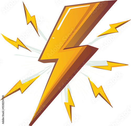 shows a stylized, cartoonish lightning bolt in shades of yellow and orange, set against a plain white background. The main lightning strike is thick and jagged, pointing upwards and slightly