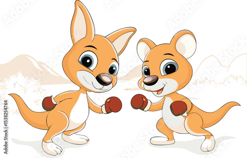 Two adorable cartoon kangaroos ready to box with boxing gloves on